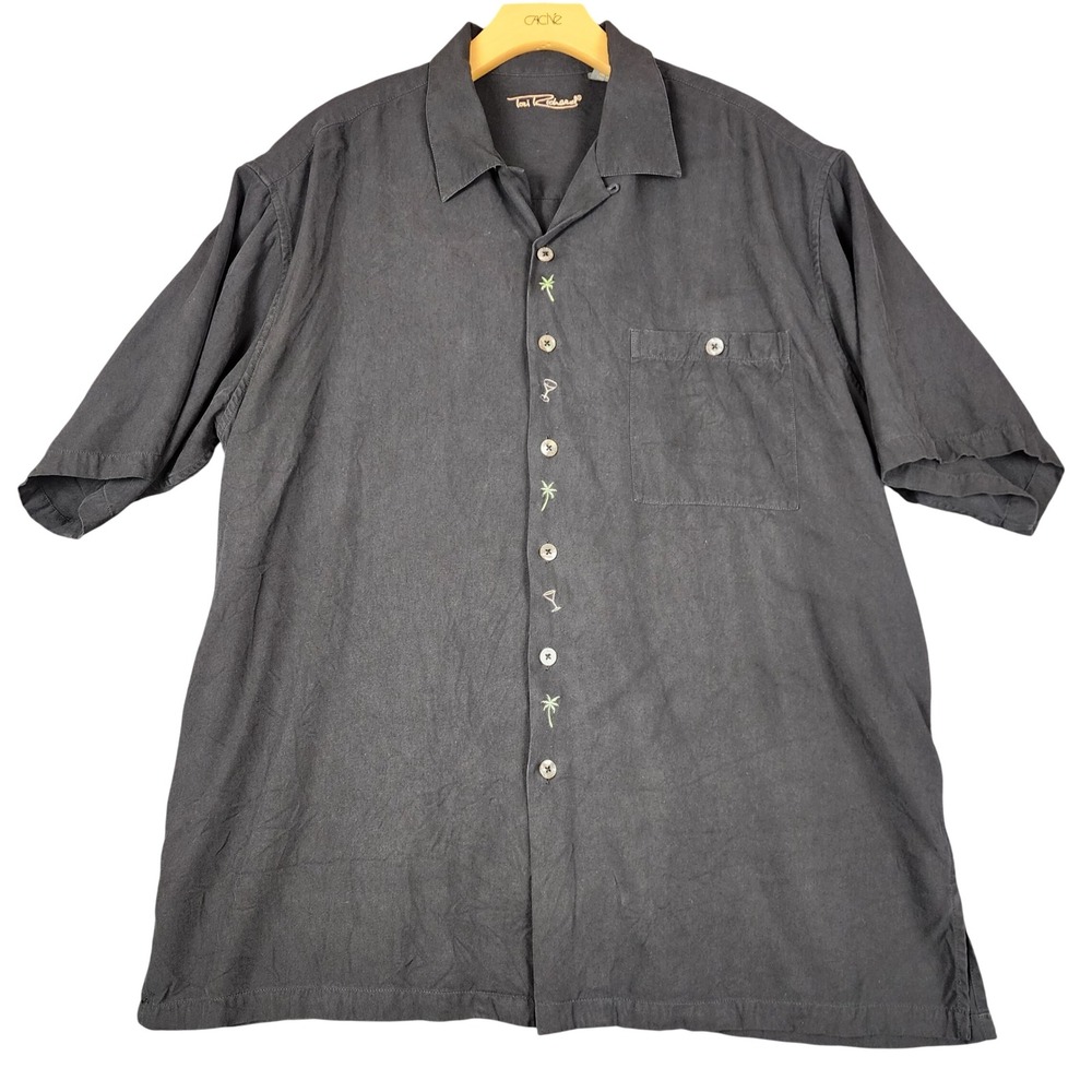 Tori Richard Tropitini Mens XL Black 100% Silk Embroidered Martini Camp Shirt